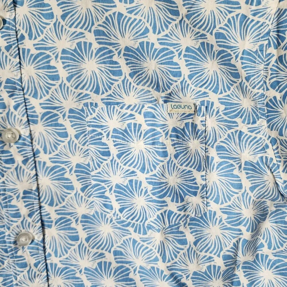 Laguna Blue Floral Short Sleeve Button Down Hawaiian‎ Shirt Size L Cotton Blend